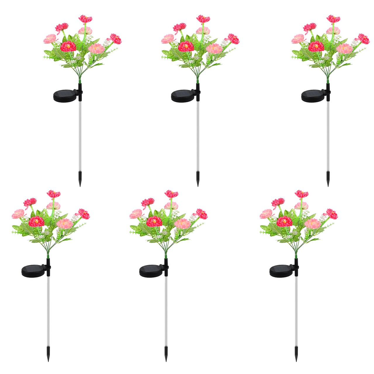 6-Pack Solar Peony Flower Stake Lights, Pink & Red LED Pathway Lights for Garden Decor
